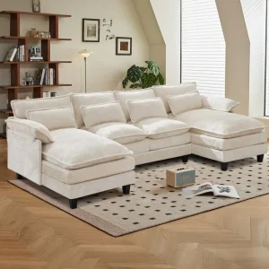 JONPONY109.45″ U Shaped Couch,Oversized 4 Seat Sectional with 4 Waist Pillows